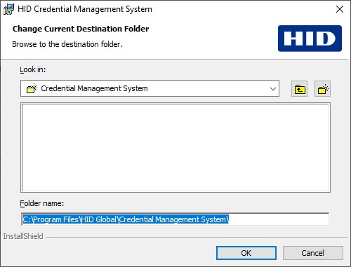 HID Credential Management System Change Current Destination Folder dialog box with the Folder name field highlighted